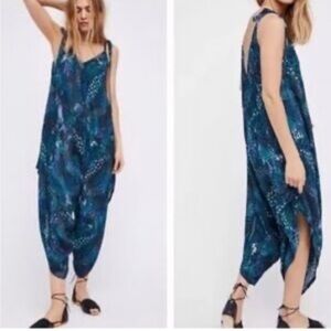 Free People El Porto Tie Shoulder Harem Jumpsuit Blue Green Print XS